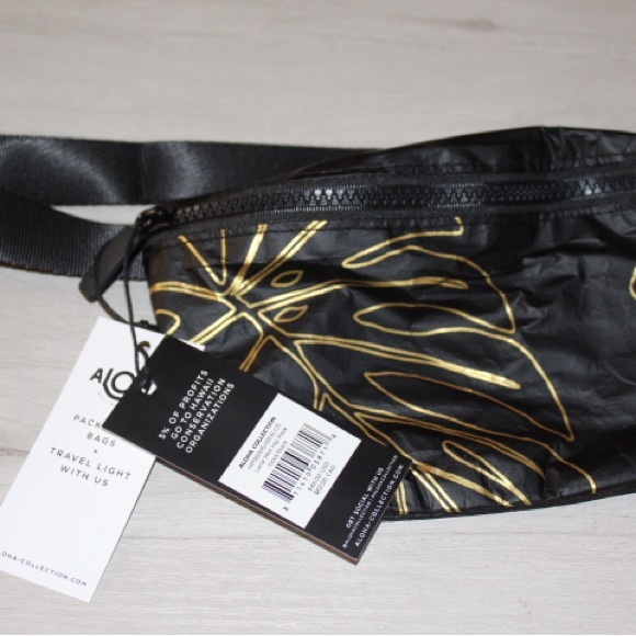 ALOHA Collection cross body Black and Gold Patterned Waist Bag - Picture 1 of 3